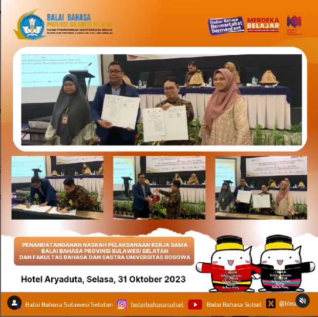 Read more about the article Penandatangananan Naskah Pelaksanaan Kerja Sama (PKS) antara Balai Bahasa Provinsi Sulawesi Selatan dan Fakultas Bahasa dan Sastra, Universitas Bosowa, Makassar